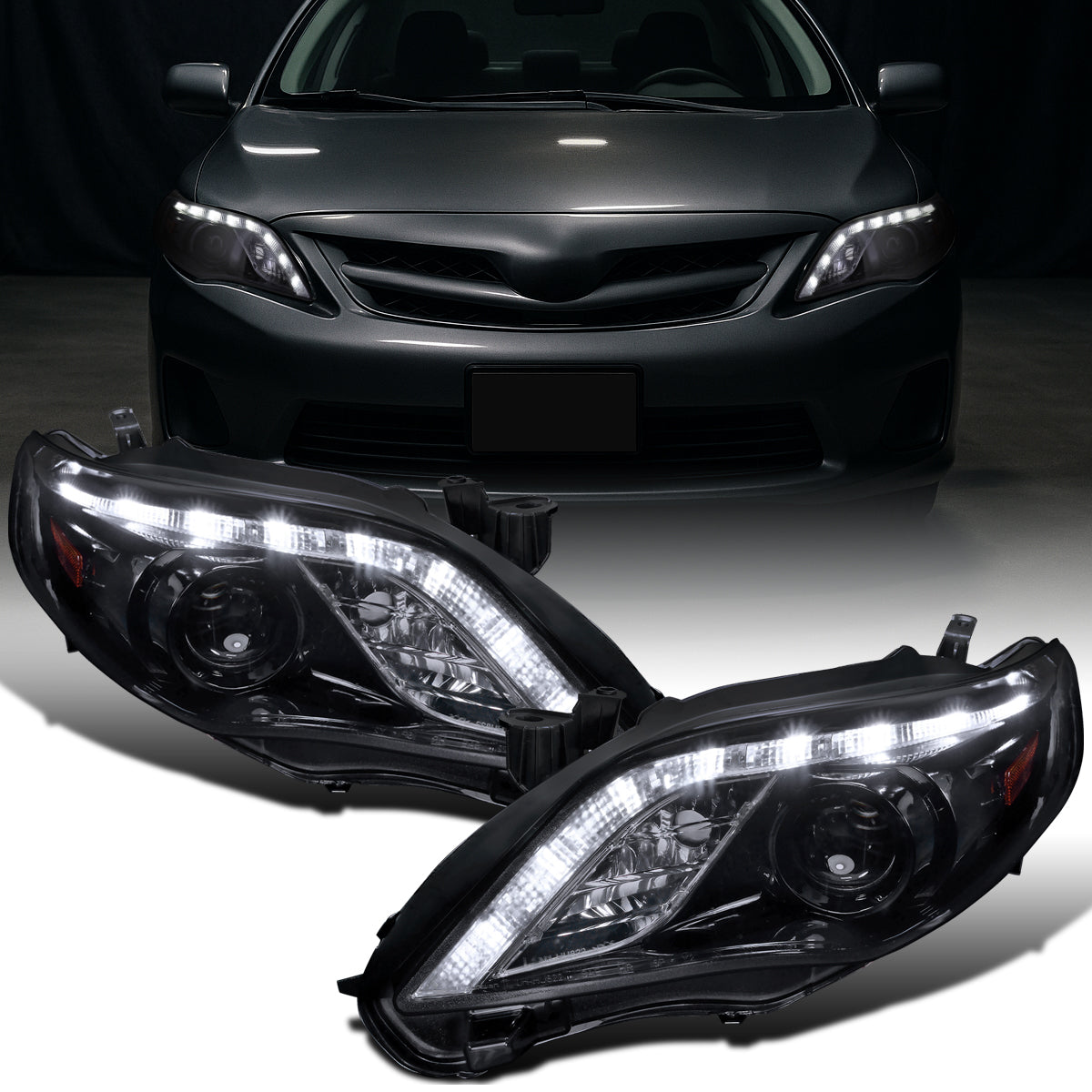 Ronnin - Faros delanteros con proyector LED de repuesto para Toyota Corolla 2011-2013 | Negro ahumado