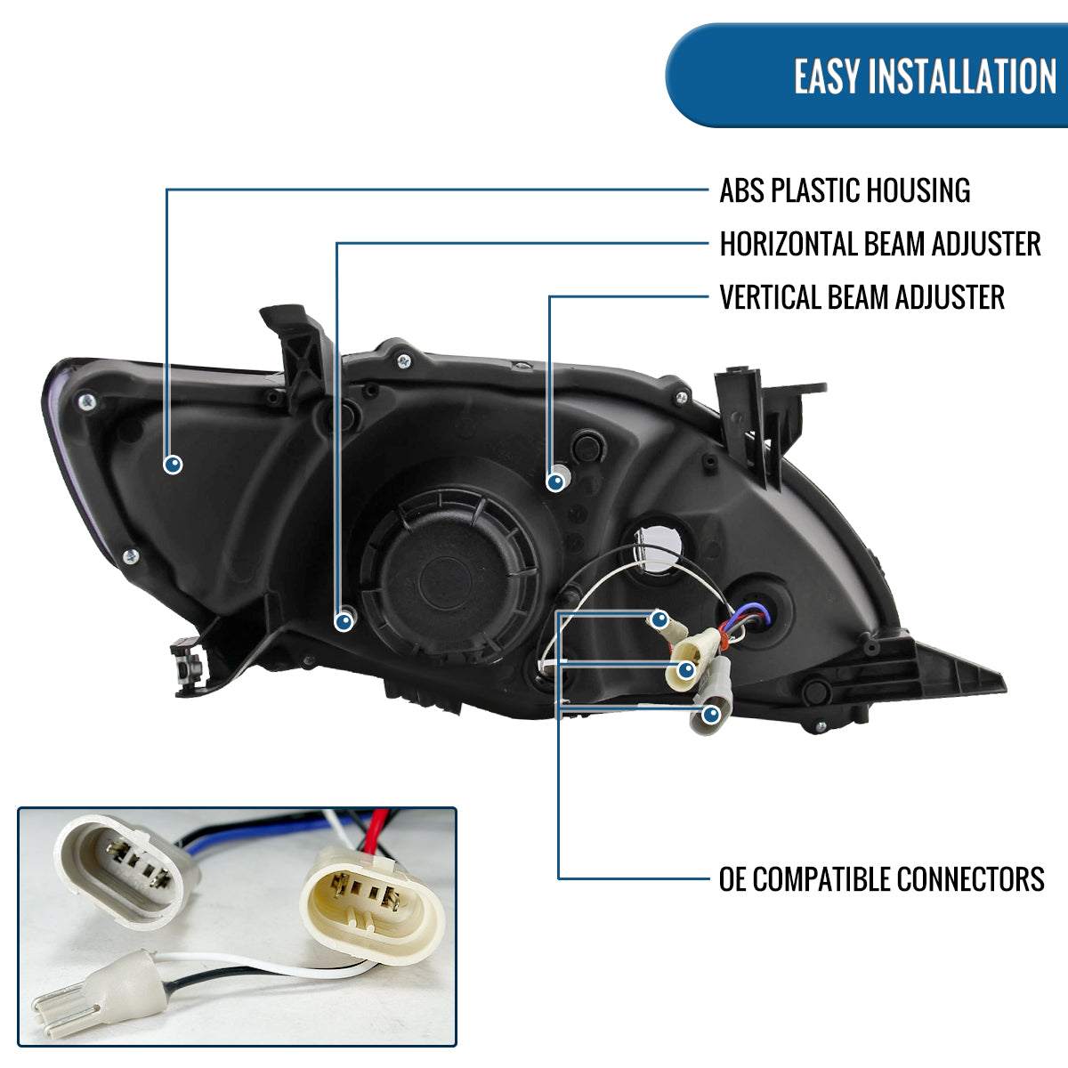 Ronnin - Faros delanteros con proyector LED de circulación diurna de repuesto, compatibles con Toyota Corolla 2011-2013 | Negro