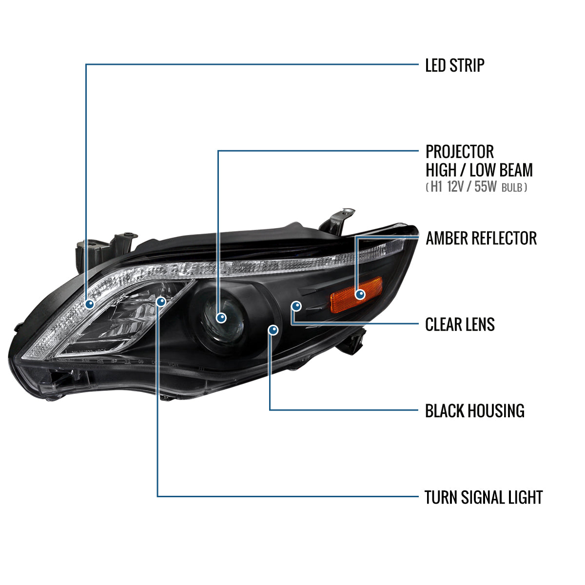 Ronnin - Faros delanteros con proyector LED de circulación diurna de repuesto, compatibles con Toyota Corolla 2011-2013 | Negro