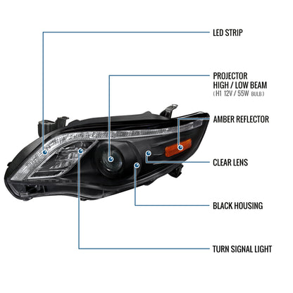 Ronnin - Faros delanteros con proyector LED de circulación diurna de repuesto, compatibles con Toyota Corolla 2011-2013 | Negro