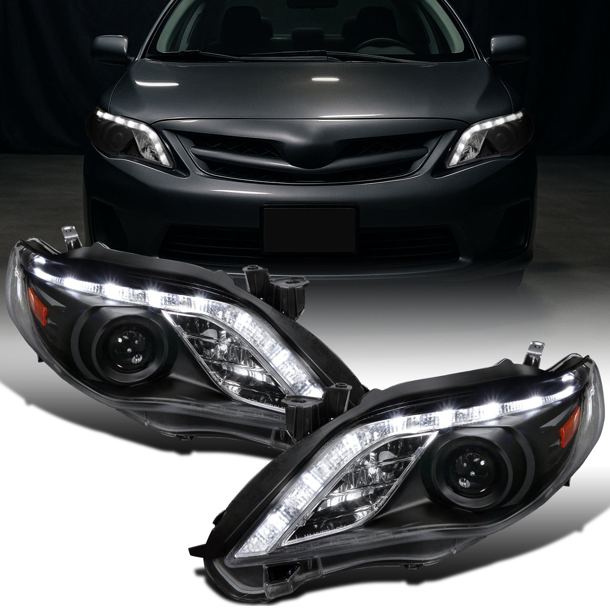 Ronnin - Faros delanteros con proyector LED de circulación diurna de repuesto, compatibles con Toyota Corolla 2011-2013 | Negro