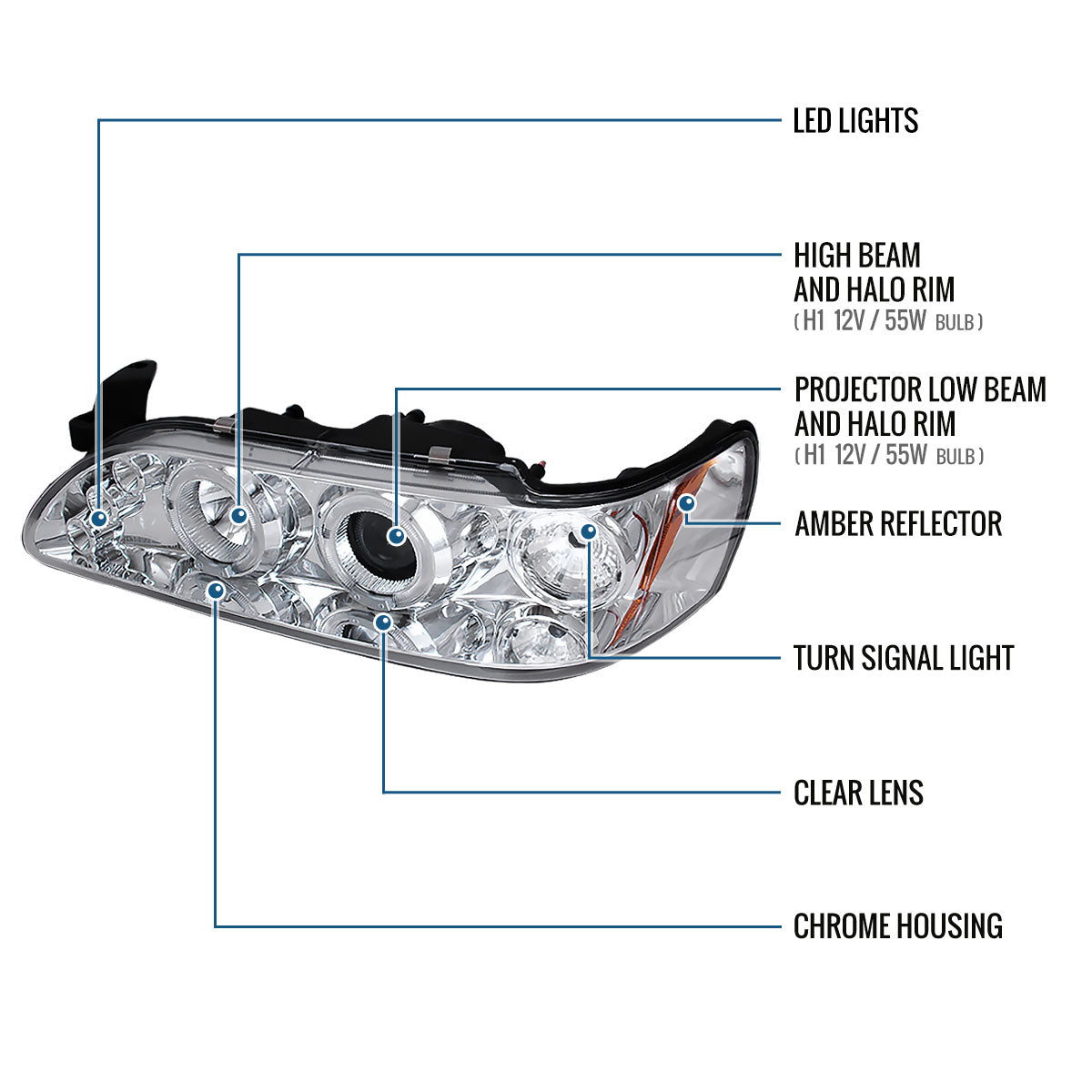 Ronnin - Se adapta a Toyota Corolla 1993-1997 Mejora Reemplazo Faros delanteros LED con doble aro y proyector, par | Cromado
