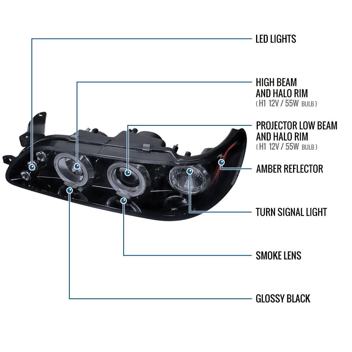 Ronnin - Se adapta a 1993-1997 Toyota Corolla Actualización de reemplazo LED con dos aros, faros delanteros con proyector, par | Humo Negro