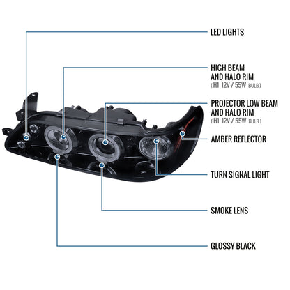 Ronnin - Se adapta a 1993-1997 Toyota Corolla Actualización de reemplazo LED con dos aros, faros delanteros con proyector, par | Humo Negro