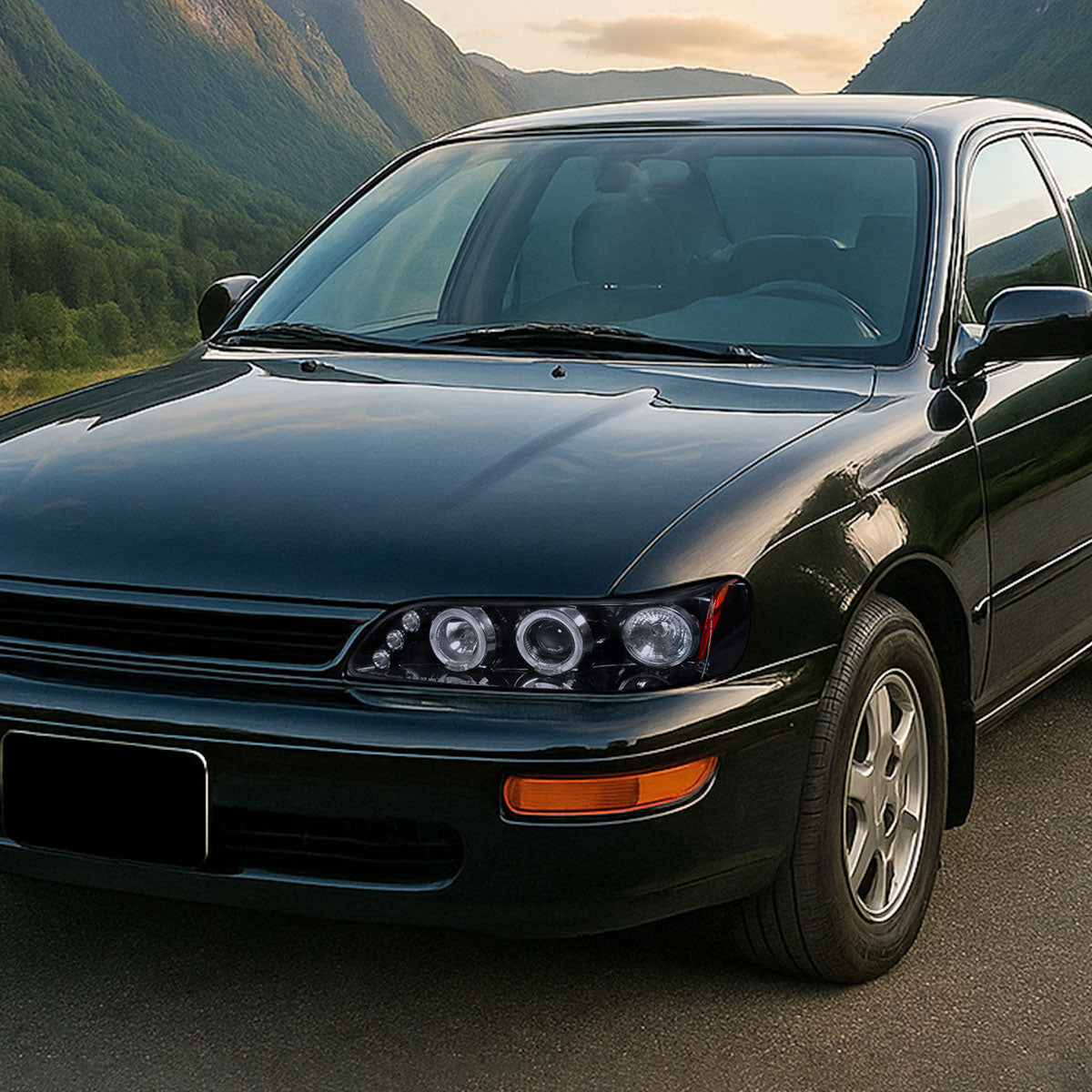Ronnin - Se adapta a 1993-1997 Toyota Corolla Actualización de reemplazo LED con dos aros, faros delanteros con proyector, par | Humo Negro