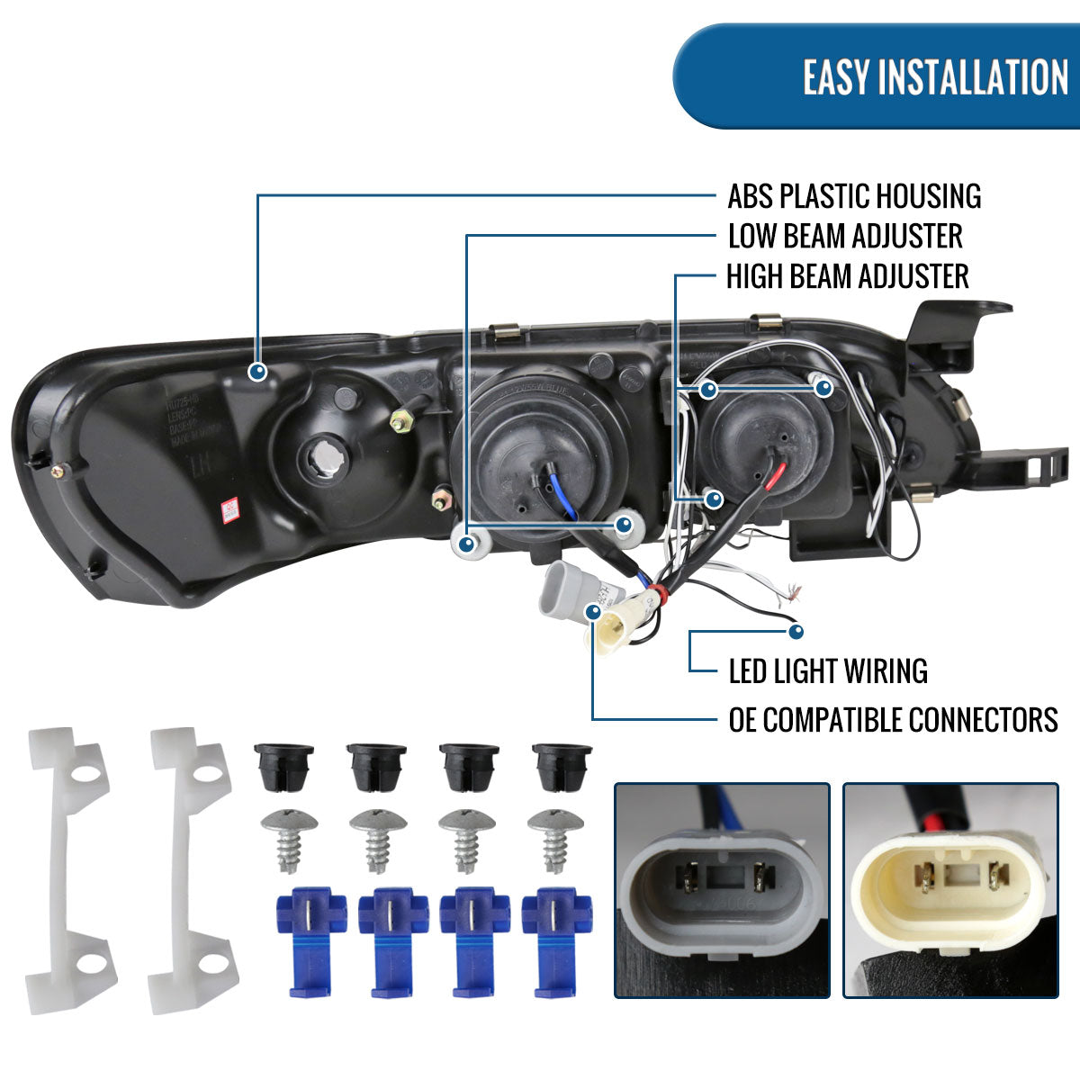 Ronnin - Se adapta a Toyota Corolla 1993-1997, actualización, reemplazo, faros delanteros con proyector LED de doble aro, par | Negro