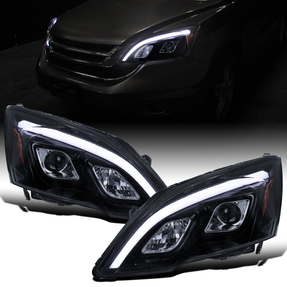 Ronnin - Fits 2007-2011 Honda CR-V CRV Upgraded Replacement LED Tube Projector Headlights Assembly Pair | Black Smoke