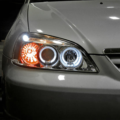 Ronnin - Fits 2001-2003 Honda Civic 2-Door 4-Door LED Angel Eyes Dual Halo Rims Projector Headlights Replacement Pair | Chrome