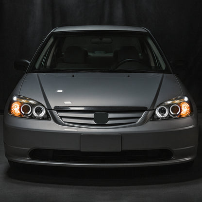 Ronnin - Compatible con Honda Civic Coupé Sedán 2001-2003 Ensamblaje de actualización Faros delanteros LED con doble aro y proyector de repuesto Par | Cromo