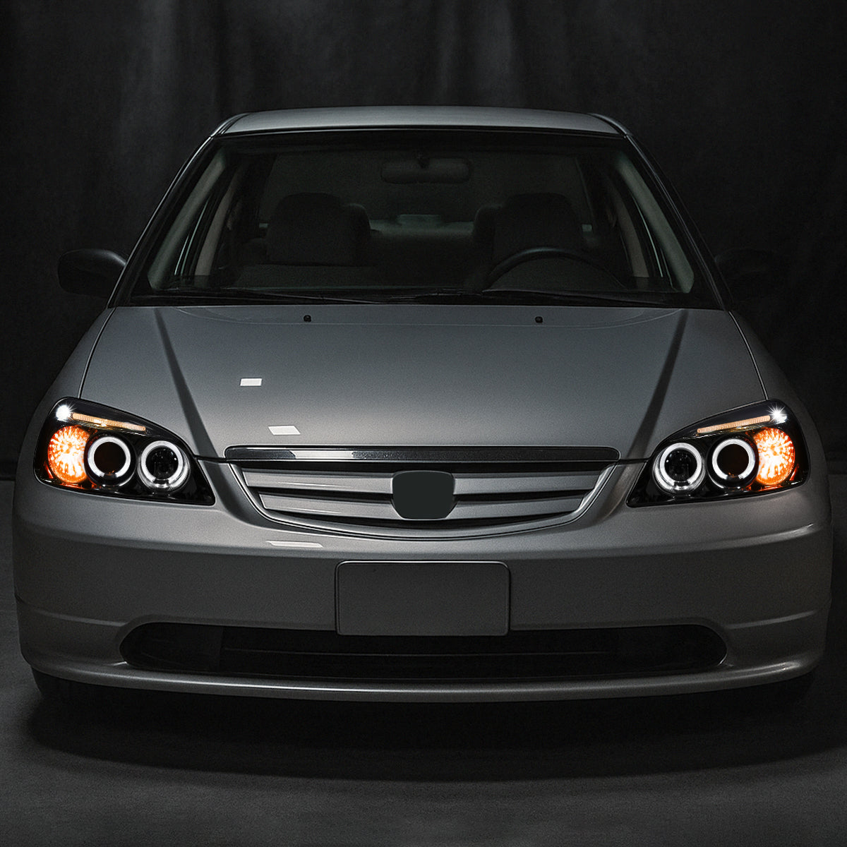 Ronnin - Compatible con Honda Civic Coupé y Sedán 2001-2003, Ensamblaje de Actualización LED de Doble Borde, Reemplazo de Faros Proyectores | Par Negro Ahumado