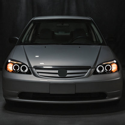 Ronnin - Compatible con Honda Civic Coupé y Sedán 2001-2003, Ensamblaje de Actualización LED de Doble Borde, Reemplazo de Faros Proyectores | Par Negro Ahumado