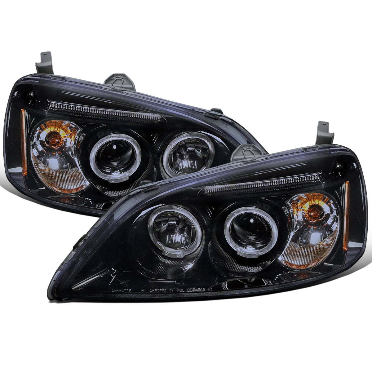 Ronnin - Fits 2001-2003 Honda Civic 2-Door 4-Door LED Angel Eyes Dual Halo Rims Projector Headlights Replacement Pair | Black Smoke