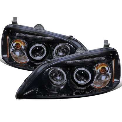 Ronnin - Fits 2001-2003 Honda Civic 2-Door 4-Door LED Angel Eyes Dual Halo Rims Projector Headlights Replacement Pair | Black Smoke