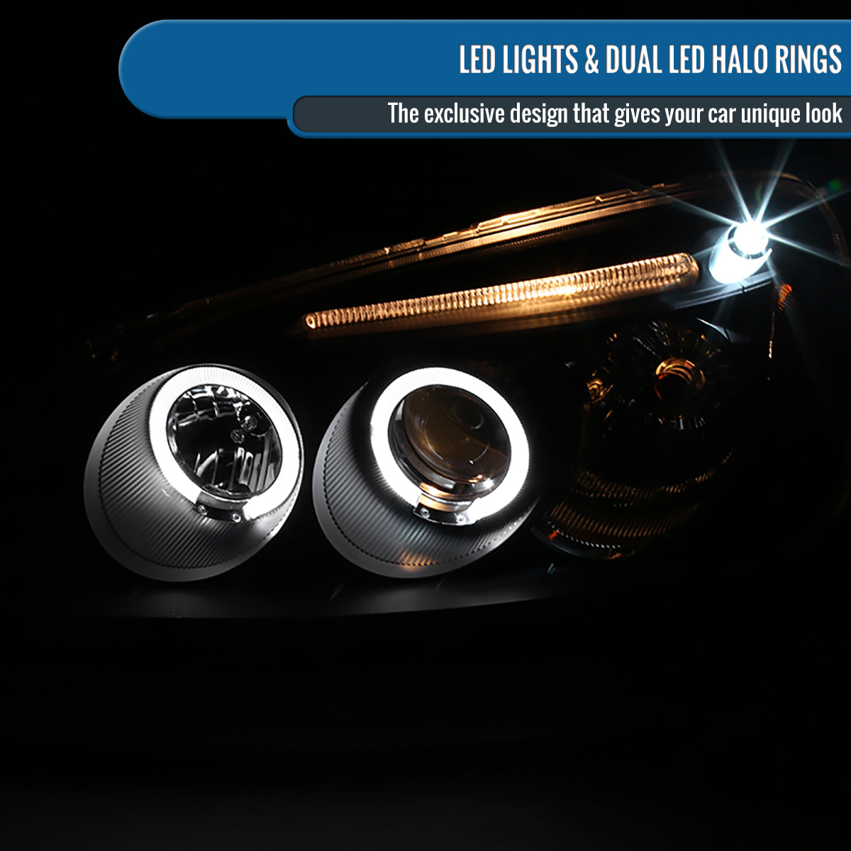 Ronnin - Fits 2001-2003 Honda Civic 2-Door 4-Door LED Angel Eyes Dual Halo Rims Projector Headlights Replacement Pair | Black