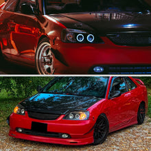 Ronnin - Fits 2001-2003 Honda Civic 2-Door 4-Door LED Angel Eyes Dual Halo Rims Projector Headlights Replacement Pair | Black