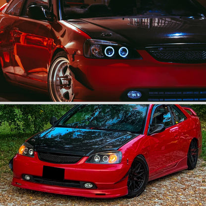 Ronnin - Fits 2001-2003 Honda Civic 2-Door 4-Door LED Angel Eyes Dual Halo Rims Projector Headlights Replacement Pair | Black