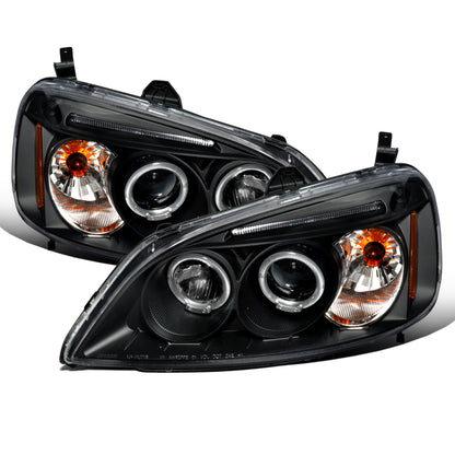 Ronnin - Fits 2001-2003 Honda Civic 2-Door 4-Door LED Angel Eyes Dual Halo Rims Projector Headlights Replacement Pair | Black