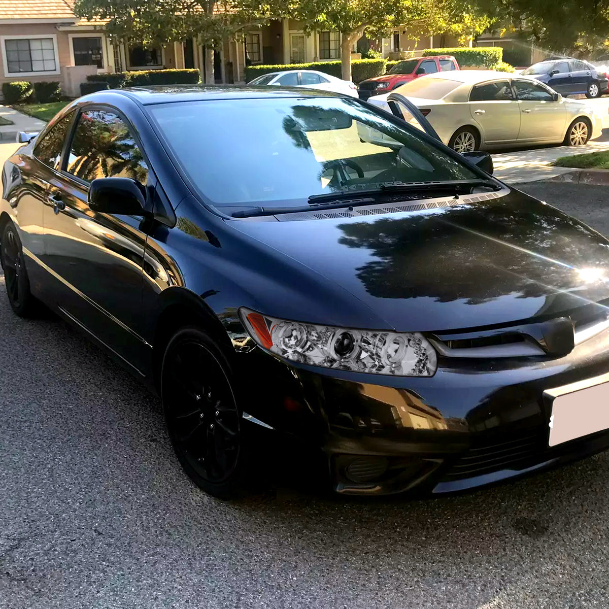 Ronnin - Fits 2006-2011 Honda Civic 2Dr Coupe LED Angel Eyes Dual Halo Rims Projector Headlights Replacement Pair | Chrome