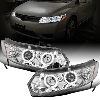 Ronnin - Fits 2006-2011 Honda Civic 2Dr Coupe LED Angel Eyes Dual Halo Rims Projector Headlights Replacement Pair | Chrome