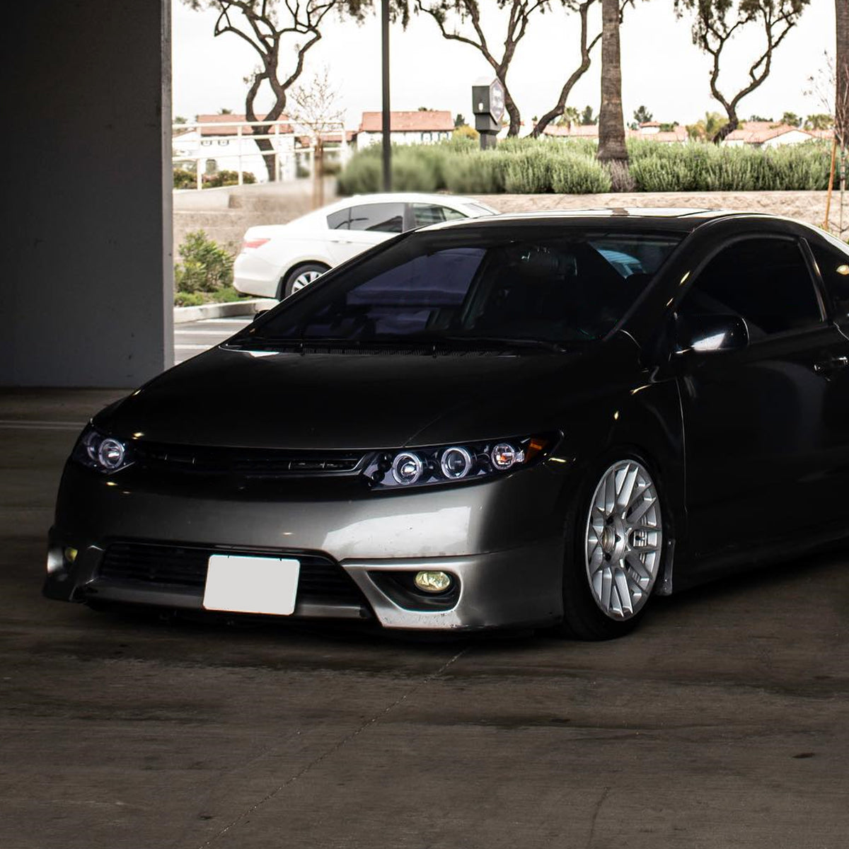 Ronnin - Fits 2006-2011 Honda Civic 2Dr Coupe LED Angel Eyes Dual Halo Rims Projector Headlights Replacement Pair | Black Smoke