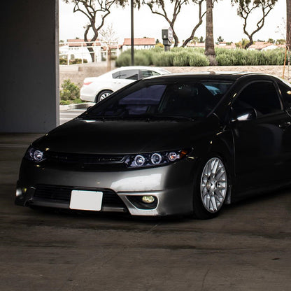 Ronnin - Fits 2006-2011 Honda Civic 2Dr Coupe LED Angel Eyes Dual Halo Rims Projector Headlights Replacement Pair | Black Smoke