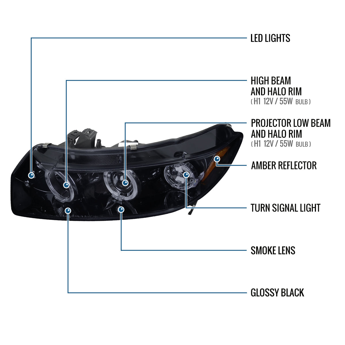 Ronnin - Fits 2006-2011 Honda Civic 2Dr Coupe LED Angel Eyes Dual Halo Rims Projector Headlights Replacement Pair | Black Smoke