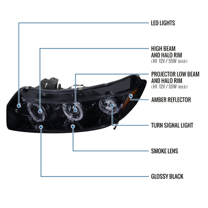 Ronnin - Fits 2006-2011 Honda Civic 2Dr Coupe LED Angel Eyes Dual Halo Rims Projector Headlights Replacement Pair | Black Smoke