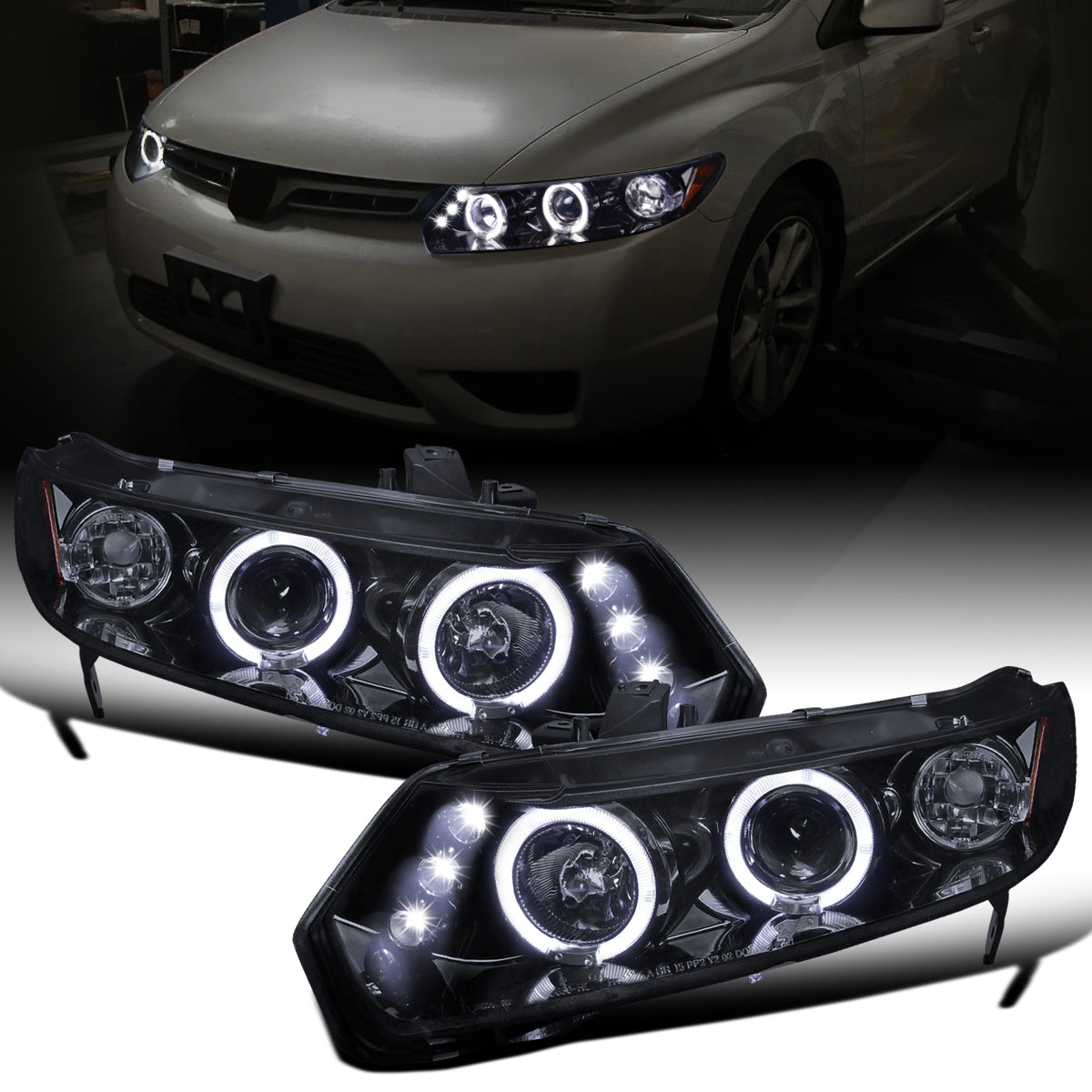 Ronnin - Fits 2006-2011 Honda Civic 2Dr Coupe LED Angel Eyes Dual Halo Rims Projector Headlights Replacement Pair | Black Smoke