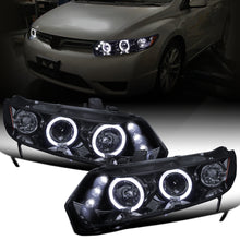 Ronnin - Fits 2006-2011 Honda Civic 2Dr Coupe LED Angel Eyes Dual Halo Rims Projector Headlights Replacement Pair | Black Smoke