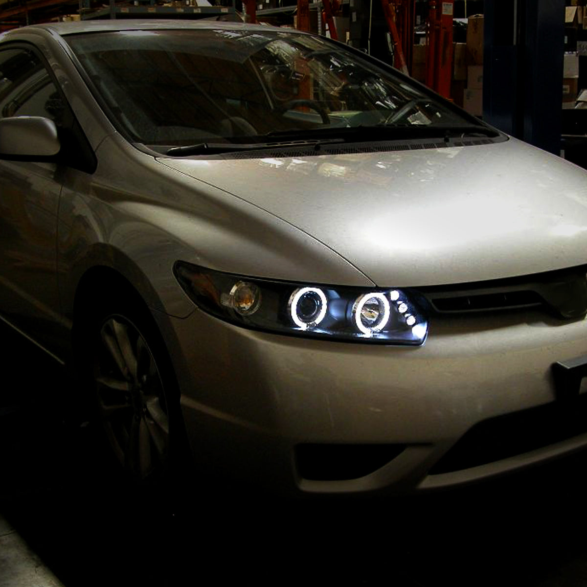 Ronnin - Fits 2006-2011 Honda Civic 2Dr  Coupe LED Angel Eyes Dual Halo Rims Projector Headlights Replacement Pair | Black