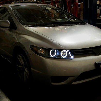 Ronnin - Fits 2006-2011 Honda Civic 2Dr  Coupe LED Angel Eyes Dual Halo Rims Projector Headlights Replacement Pair | Black