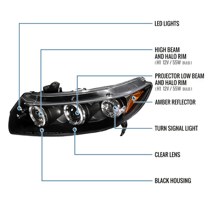 Ronnin - Fits 2006-2011 Honda Civic 2Dr  Coupe LED Angel Eyes Dual Halo Rims Projector Headlights Replacement Pair | Black