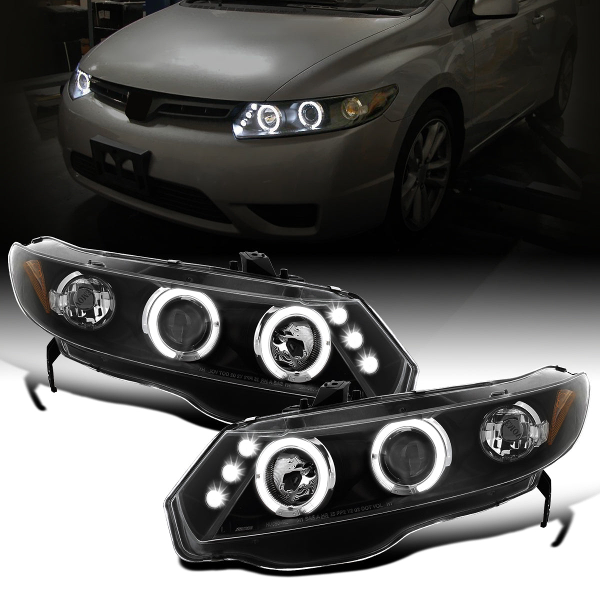 Ronnin - Fits 2006-2011 Honda Civic 2Dr  Coupe LED Angel Eyes Dual Halo Rims Projector Headlights Replacement Pair | Black