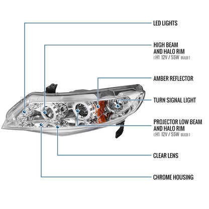 Ronnin - Fits 2006-2011 Honda Civic 4-Door Sedan LED Angel Eyes Dual Halo Rims Projector Headlights Replacement Pair | Chrome