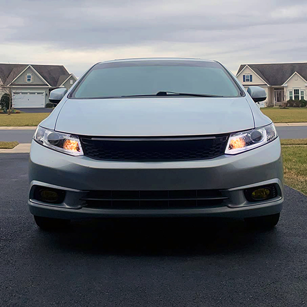 Ronnin - Fits 2012-2013 Honda Civic 2Dr Coupe 2012-2015 4Dr Sedan Upgraded Replacement LED Tube Driving Lights Projector Headlights Assembly Pair | Chrome