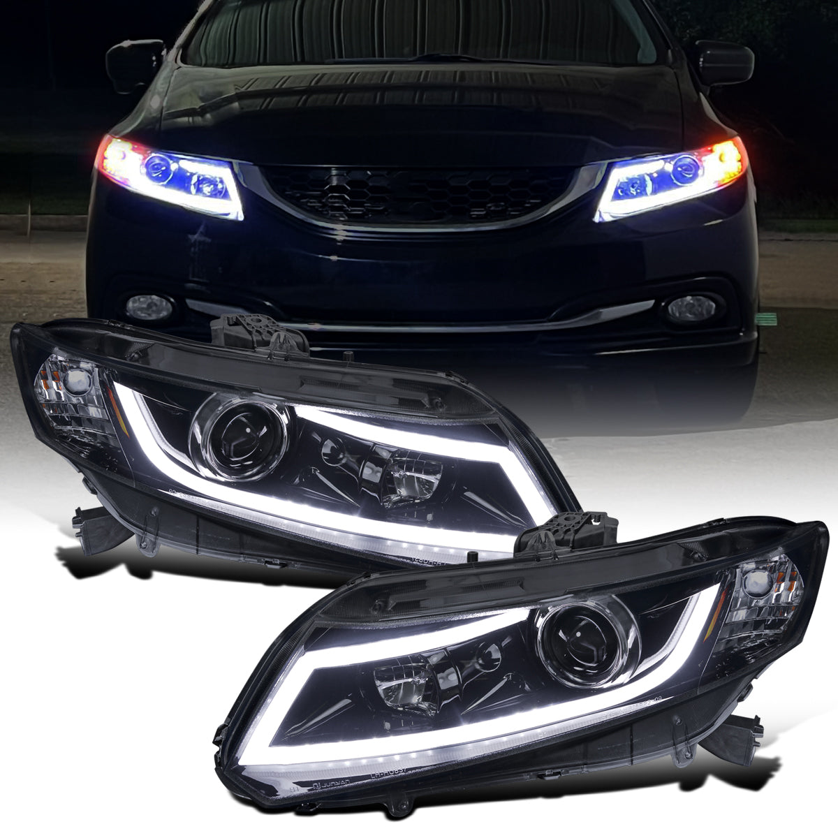 Ronnin - Fits 2012-2013 Honda Civic 2Dr Coupe 2012-2015 4Dr Sedan Upgraded Replacement LED Tube Driving Lights Projector Headlights Assembly Pair | Black Smoke