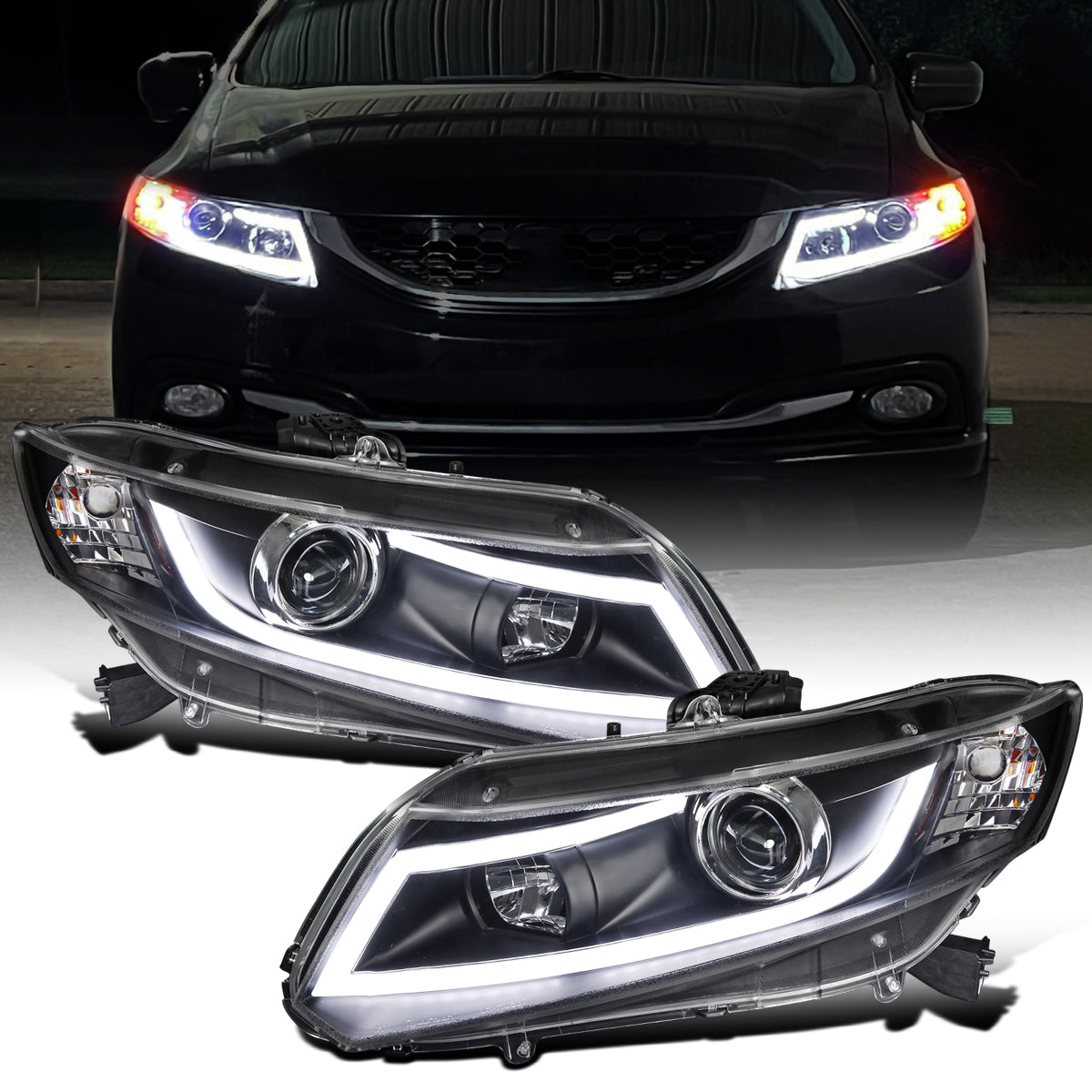 Ronnin - Fits 2012-2013 Honda Civic 2Dr Coupe 2012-2015 4Dr Sedan Upgraded Replacement LED Tube Driving Lights Projector Headlights Assembly Pair | Black