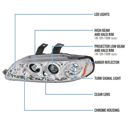 Ronnin - Faros delanteros con proyector de doble aro LED mejorados de repuesto para Honda Civic 1992-1995 | Cromado