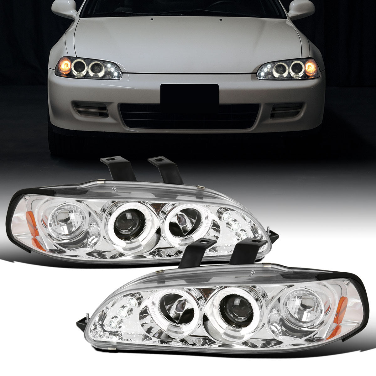 Ronnin - Faros delanteros con proyector de doble aro LED mejorados de repuesto para Honda Civic 1992-1995 | Cromado