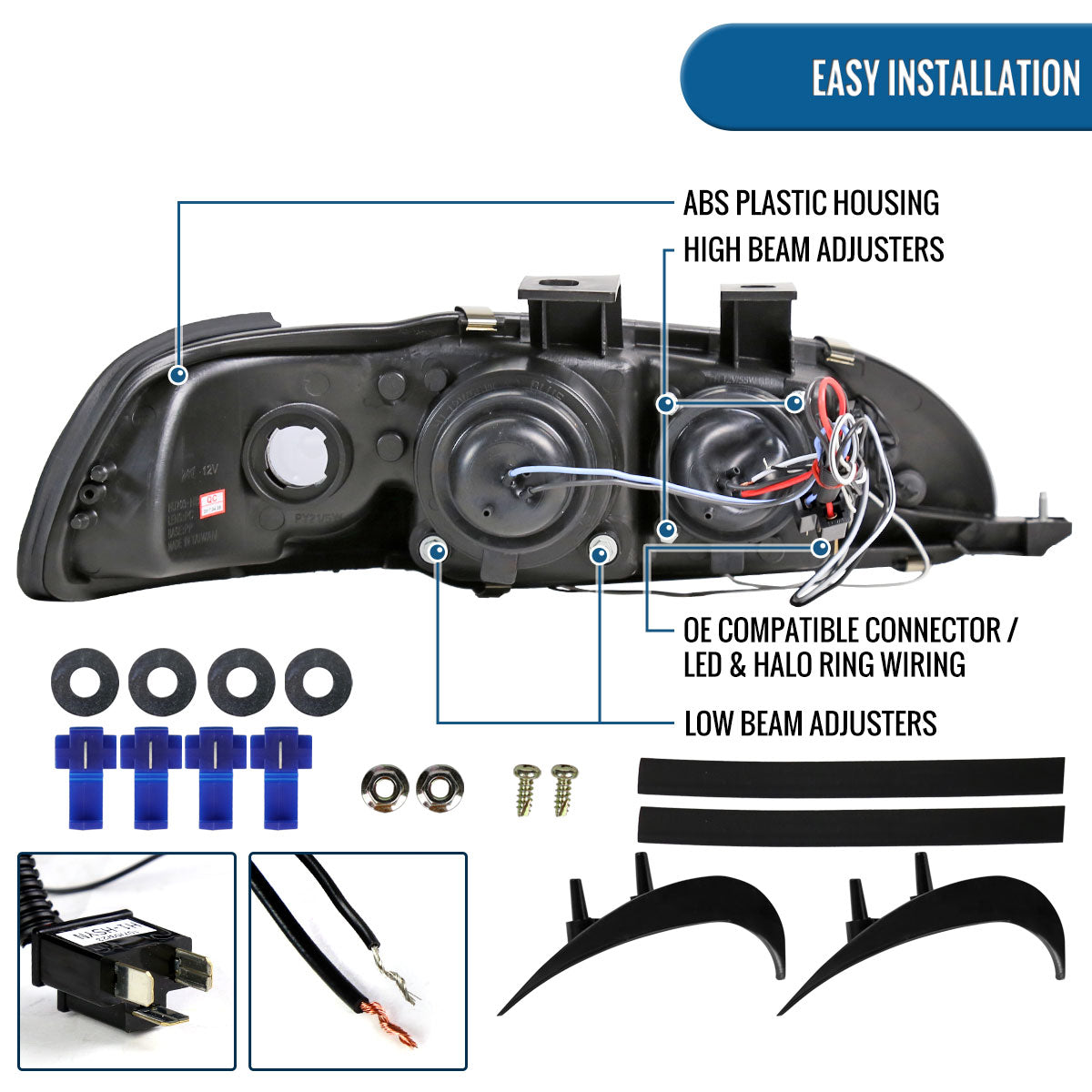 Ronnin - Compatible con Honda Civic 1992-1995 Par de faros delanteros con proyector de doble aro LED de repuesto mejorado | Negro humo