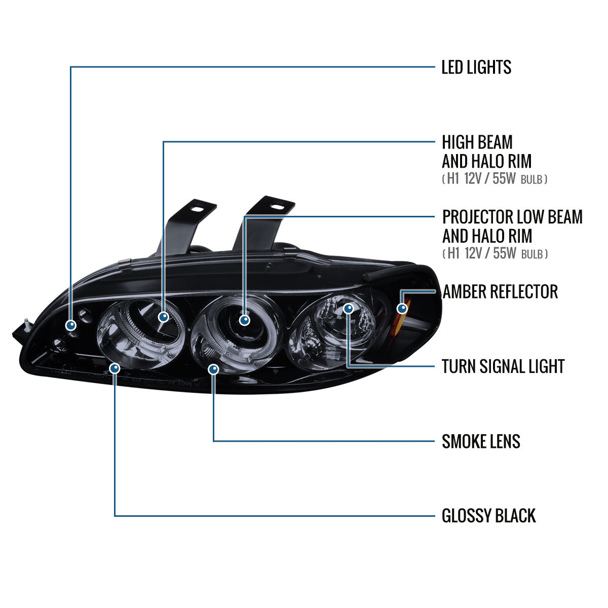 Ronnin - Compatible con Honda Civic 1992-1995 Par de faros delanteros con proyector de doble aro LED de repuesto mejorado | Negro humo