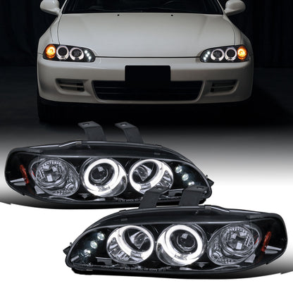 Ronnin - Compatible con Honda Civic 1992-1995 Par de faros delanteros con proyector de doble aro LED de repuesto mejorado | Negro humo