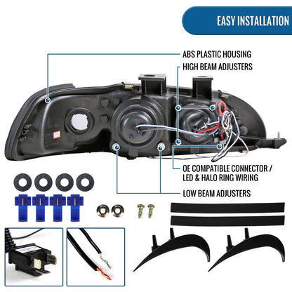 Ronnin - Se adapta a Honda Civic 1992-1995 Par de faros delanteros con proyector LED de doble aro mejorados | Negros