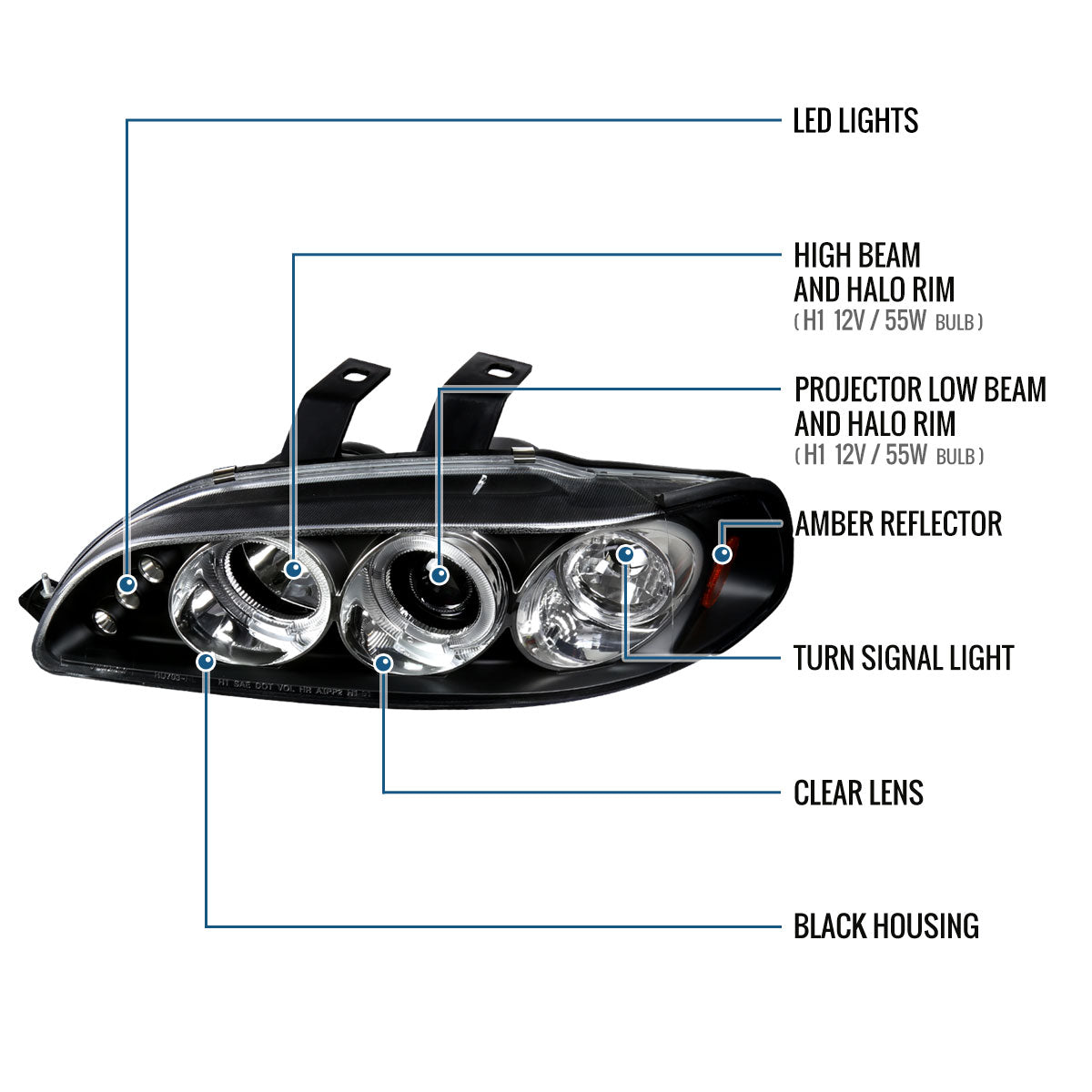 Ronnin - Se adapta a Honda Civic 1992-1995 Par de faros delanteros con proyector LED de doble aro mejorados | Negros