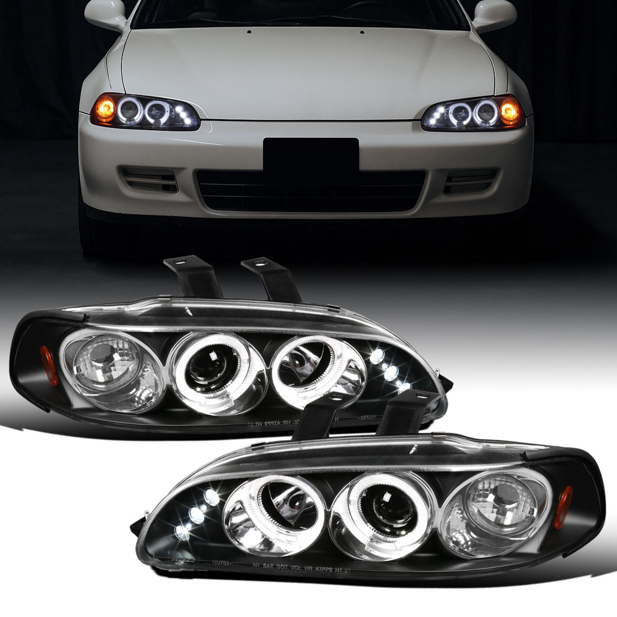 Ronnin - Se adapta a Honda Civic 1992-1995 Par de faros delanteros con proyector LED de doble aro mejorados | Negros