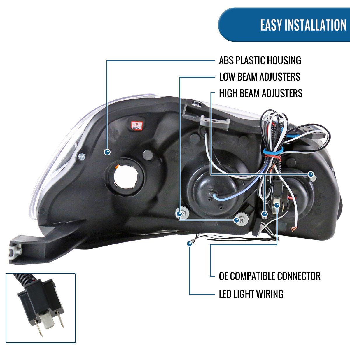 Ronnin - Faros delanteros tipo proyector de doble LED de repuesto mejorado para Honda Civic 1996-1998, par | Negro Ahumado