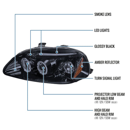 Ronnin - Faros delanteros tipo proyector de doble LED de repuesto mejorado para Honda Civic 1996-1998, par | Negro Ahumado
