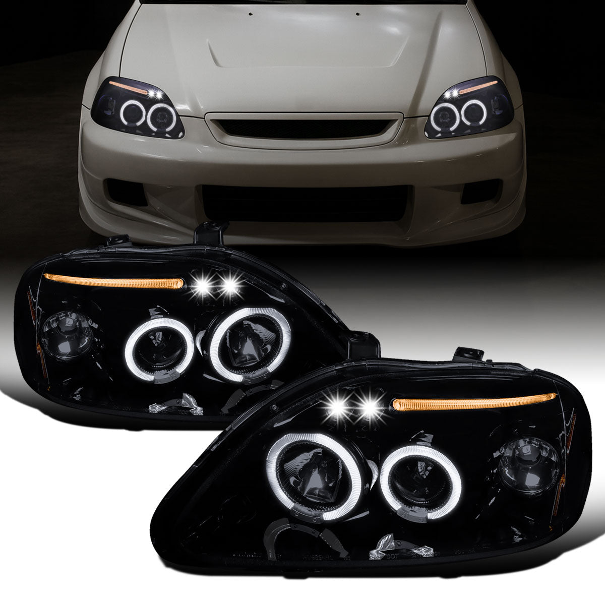 Ronnin - Faros delanteros tipo proyector de doble LED de repuesto mejorado para Honda Civic 1996-1998, par | Negro Ahumado
