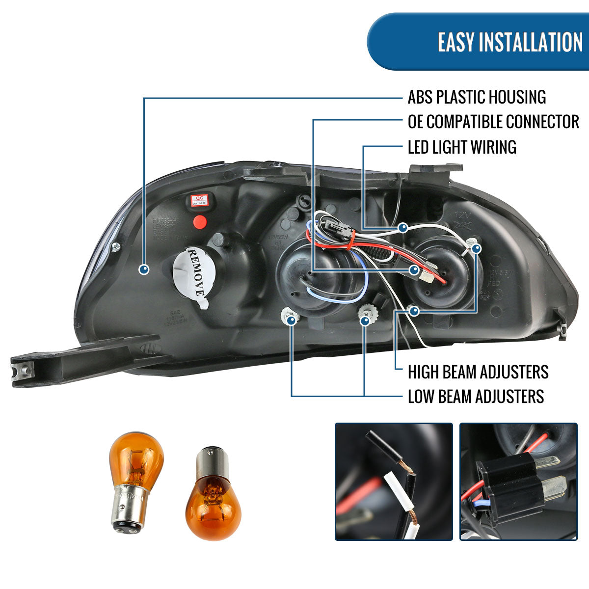 Ronnin - Se adapta a Honda Civic 1996-1998, conjunto de faros delanteros con proyector de luces de circulación diurna LED de repuesto mejorado, par | Negro humo