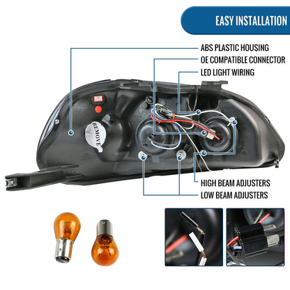 Ronnin - Se adapta a Honda Civic 1996-1998, conjunto de faros delanteros con proyector de luces de circulación diurna LED de repuesto mejorado, par | Negro humo